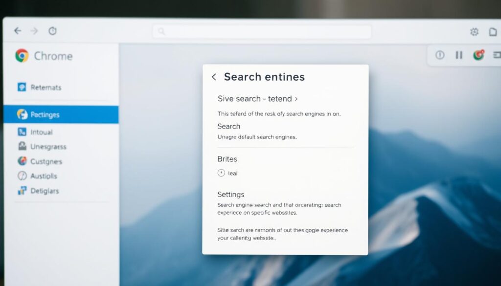 A chrome web browser window with the "Settings" menu open, focusing on the "Search engine" section. The foreground shows the search engine options and the ability to manage the default search engine. The middle ground depicts the "Site search" settings, allowing users to customize the search experience on specific websites. The background has a soft, blurred gradient representing the broader context of web browsing and search management. The lighting is natural and subdued, creating a calm, professional atmosphere. The camera angle is slightly elevated, giving a clean, organized layout to the interface elements.