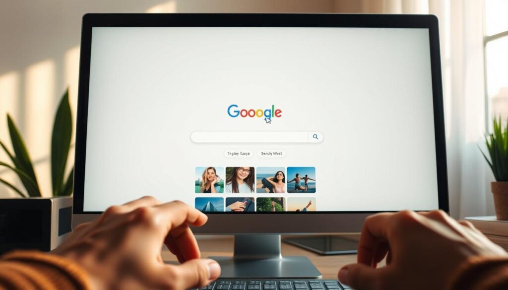 A modern computer desktop, with a web browser window open, displaying the Google Image search interface. The screen is illuminated by warm, natural lighting, creating a soft, inviting atmosphere. The cursor hovers over the search bar, ready to input a query. The user's hands are not visible, allowing the focus to remain on the digital experience. The background is subtly blurred, emphasizing the centrality of the search task. The overall composition conveys a sense of efficiency, exploration, and the seamless integration of technology into everyday life.