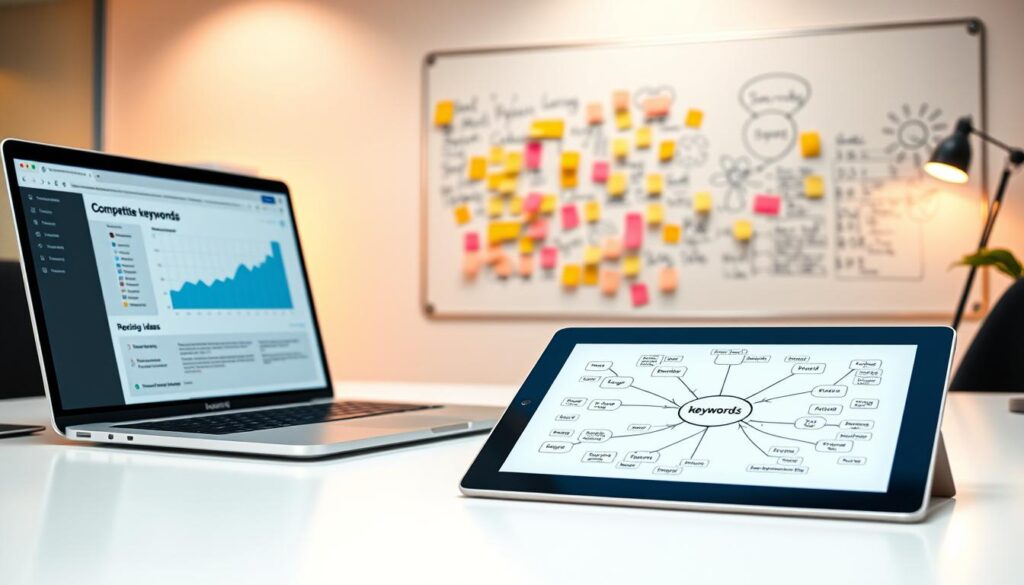 A modern office workspace with a sleek, minimalist aesthetic. In the foreground, a laptop screen displays a web browser showing a list of "competitor keywords" alongside a graph visualizing their search volume and relevance. In the middle ground, a tablet device lies open, showcasing a collaborative mind map filled with interconnected long-tail keyword ideas. The background features a large whiteboard adorned with colorful sticky notes and hand-drawn diagrams, hinting at the process of brainstorming and research. Warm, diffused lighting creates a focused, contemplative atmosphere, emphasizing the intellectual and analytical nature of the task at hand.