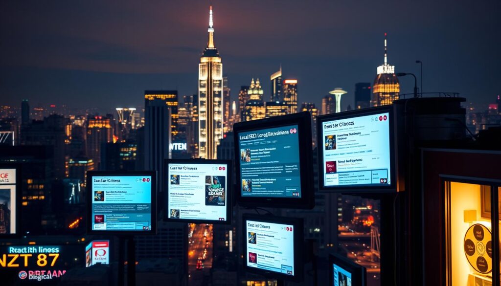 A neon-lit cityscape at night, with a prominent city skyline in the background. In the foreground, a series of digital screens and displays showcasing various local business listings and online directories, representing the concept of "local SEO citations". The screens are arranged in a visually compelling, almost abstract composition, with a focus on the interaction between technology and local commerce. Soft, warm lighting illuminates the scene, creating a sense of urban energy and connectivity. The overall mood is one of technological innovation and the power of digital marketing to drive local business growth.