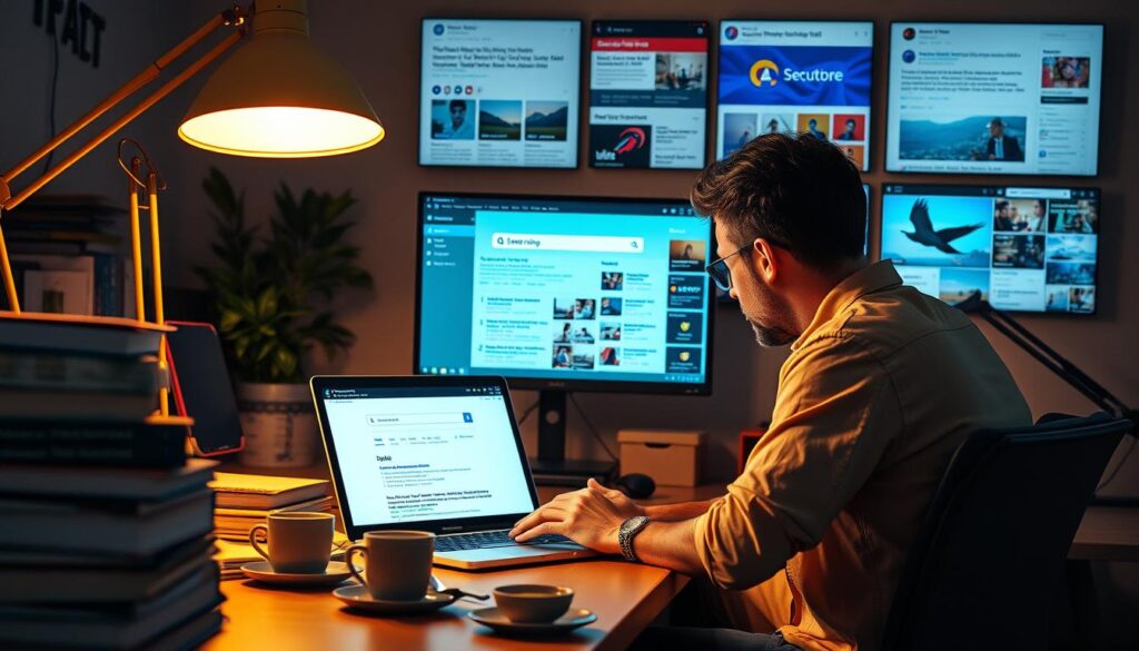 A visually striking composition of a person sitting at a desk, intently focused on a laptop screen, surrounded by various media assets and digital devices. The foreground features a stack of books, a cup of coffee, and a keyboard, all illuminated by a warm, golden light from a nearby lamp. The middle ground showcases a monitor displaying search engine results, with the individual's name prominently displayed. In the background, a wall-mounted display showcases a range of content formats, including blog posts, social media posts, and multimedia assets, all designed to enhance the individual's online presence and visibility. The overall atmosphere conveys a sense of purpose, productivity, and control over one's digital footprint.