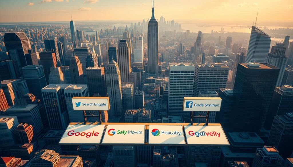 A wide aerial view of a bustling cityscape, with a prominent skyline of towering skyscrapers and iconic landmarks. In the foreground, various high-authority platforms are displayed, including recognizable brand logos and signage for major search engines, social media networks, and industry-specific directories. The scene is bathed in warm, golden sunlight, creating a sense of prestige and credibility. The composition is balanced, with the platforms arranged in a visually appealing layout that draws the eye towards the center of the image. The overall atmosphere conveys a sense of opportunity, influence, and the importance of establishing a strong online presence on these reputable channels.