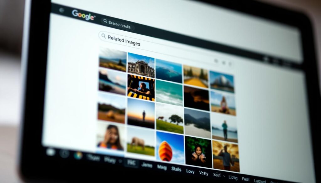 a close-up shot of a search engine results page, with a grid of related images displayed prominently in the center of the frame. The images are sharp, high-resolution, and visually appealing, showcasing a diverse range of subjects and styles. The background is slightly blurred, placing the focus on the grid of images. The lighting is natural and evenly distributed, creating a clean, professional look. The overall mood is one of visual exploration and discovery, reflecting the user's desire to find relevant visual information through an online search.