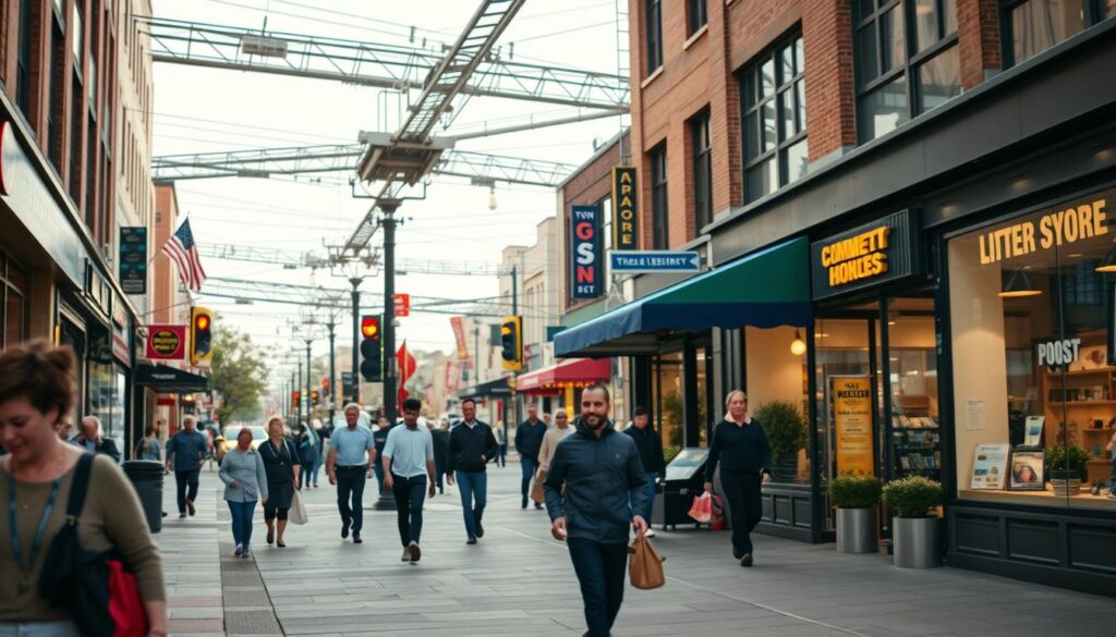 A bustling urban street scene, captured through the lens of a wide-angle camera. In the foreground, a group of people navigate the sidewalk, their movements suggesting a sense of purpose and efficiency. The middle ground showcases a series of local businesses, their storefront signage and window displays hinting at the services they offer. In the background, a network of roads and intersections converge, suggesting the interconnectedness of the local community. The lighting is a harmonious blend of natural daylight and warm, inviting store illumination, creating a welcoming atmosphere. This image aims to convey the importance of proximity and service areas for local businesses, emphasizing the need for a strategic content and page strategy to cater to the unique needs of the community.