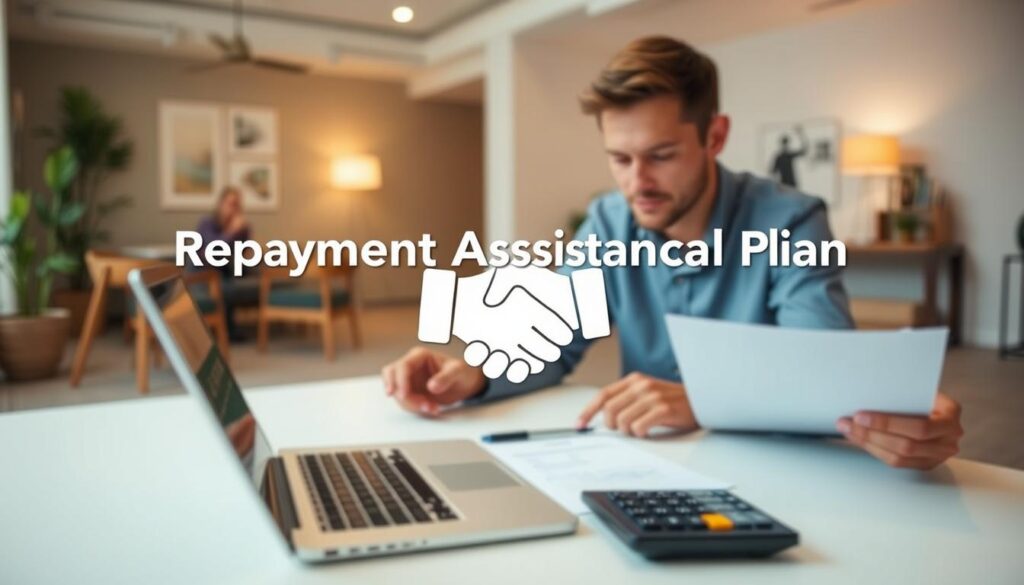 A detailed visual representation of a "Repayment Assistance Plan" for student loans. In the foreground, a person sitting at a desk reviewing documents, with a laptop and calculator present, conveying the idea of financial planning and analysis. The middle ground features a visual metaphor for the "Repayment Assistance Plan," such as a handshake or a document with key terms highlighted. The background showcases a warm, professional office setting with modern furniture and decor, creating a sense of trustworthiness and reliability. The lighting is soft and even, creating a calm and reassuring atmosphere. The overall composition and styling suggest a thoughtful, well-structured approach to student loan repayment assistance.