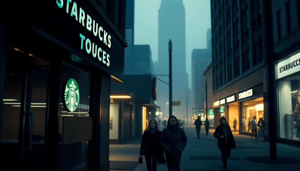 A dimly lit urban street, with a Starbucks storefront in the foreground, its signage removed and the windows boarded up, conveying a sense of abandonment. In the middle ground, a few passersby hurry by, their expressions somber, reflecting the closure. The background is hazy, with other storefronts and buildings fading into the distance, suggesting a larger trend of declining commercial activity. The scene is bathed in a moody, bluish-gray light, casting long shadows and creating an atmosphere of melancholy and uncertainty.