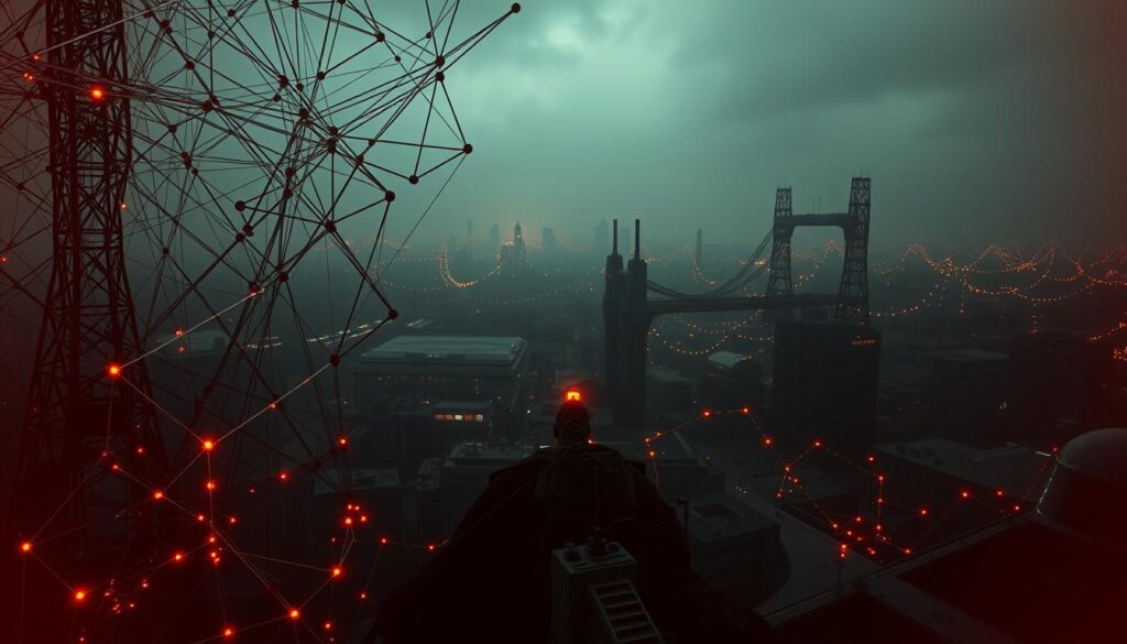 A dramatic, cinematic composition showcasing the power of backlinks. In the foreground, a towering network of interconnected nodes and lines, representing the intricate web of backlinks, casts a bold, looming presence. The middle ground features a lone figure, a digital explorer navigating this intricate landscape, symbolizing the process of building authoritative backlinks. In the background, a dimly lit, industrial-inspired cityscape fades into the distance, suggesting the broader context of digital marketing and SEO. The scene is bathed in a warm, golden glow, creating a sense of gravitas and significance. The overall mood is one of strategic depth, digital prowess, and the pursuit of online authority.