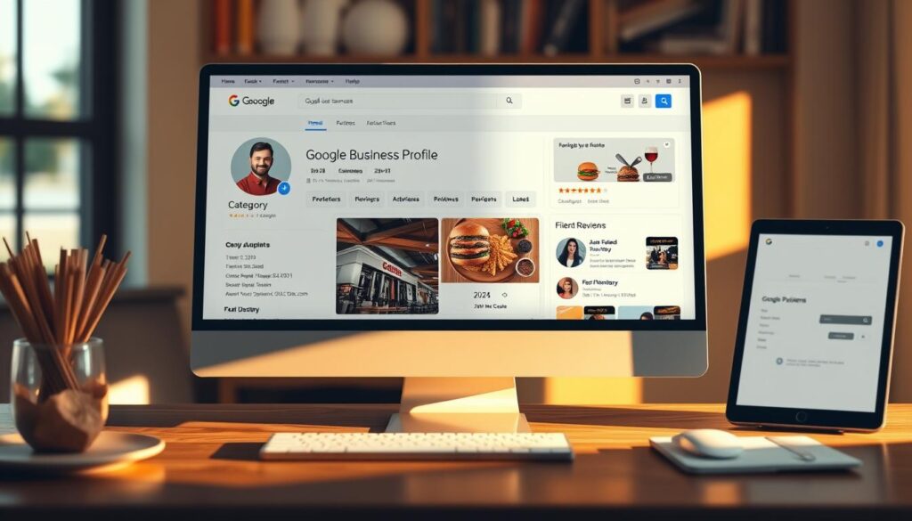 A highly detailed, photorealistic illustration of a Google Business Profile dashboard, displayed on a modern, responsive computer screen. The profile page showcases the business name, category, address, hours, reviews, and other critical information, all presented in a clean, intuitive interface. Warm, natural lighting illuminates the scene, with subtle shadows and reflections adding depth and realism. The composition emphasizes the profile's key features, drawing the viewer's attention to the most important elements. The overall mood is professional, informative, and designed to highlight the value of an optimized Google Business Profile for a local restaurant.