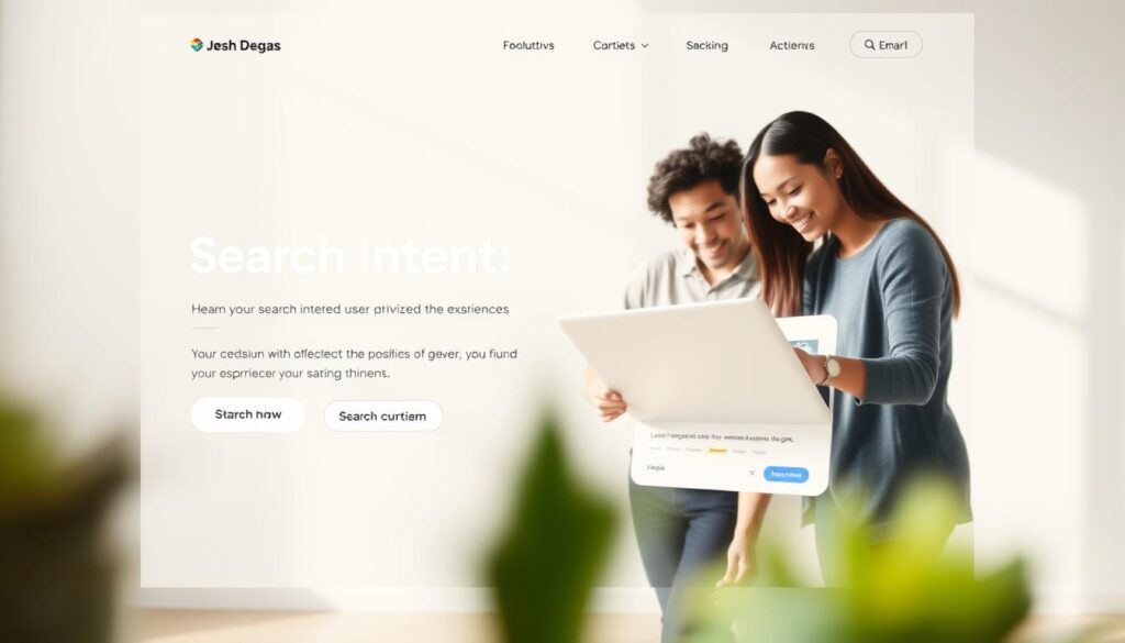 A modern, minimalist landing page with a clean, uncluttered design. The page features a large, high-quality hero image depicting a diverse group of people collaborating on a digital project, conveying the idea of search intent-driven user experiences. The foreground showcases a sleek and intuitive user interface, with carefully curated content, call-to-action buttons, and subtle interactive elements. The middle ground features subtle, pastel-toned graphic elements that complement the overall aesthetic, while the background maintains a soft, blurred focus, creating a sense of depth and emphasis on the main content. The lighting is natural and diffused, creating a warm, inviting atmosphere. The composition is balanced and visually appealing, guiding the viewer's attention to the core messaging and call to action.