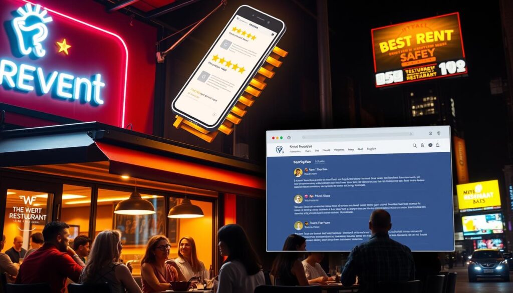 A neon-lit restaurant exterior at night, with a giant stack of glowing smartphone reviews hovering above the entrance, casting an inviting glow. In the foreground, a group of diners animatedly discussing their dining experience, their faces illuminated by the warm, amber lighting. In the middle ground, a sleek, modern website with customer review snippets scrolling across the screen. In the background, a cityscape of skyscrapers and billboards, highlighting the digital nature of modern restaurant marketing. The overall mood is one of excitement, growth, and the power of online reputation.