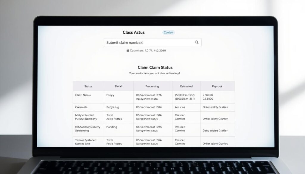 A sleek, modern web interface displaying a "Submit Claim Status" section. The foreground features a clean, minimalist design with a prominent input field for entering a claim number or identifier. The middle ground showcases a neatly organized table displaying claim status, processing details, and estimated payout information. The background has a subtle gradient or texture, creating a professional, corporate atmosphere. Lighting is soft and directional, emphasizing the interface elements. The overall mood is one of efficiency, transparency, and attention to detail, reflecting the needs of users checking the status of a class action settlement claim.