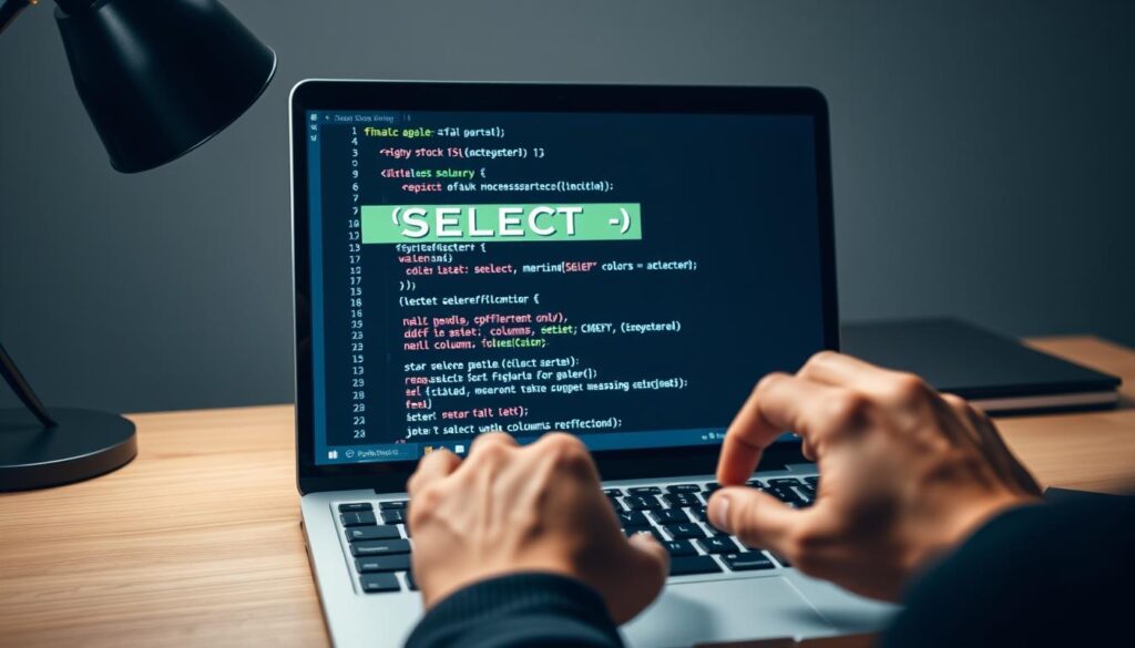 A sleek, modern workspace with a laptop on a minimalist wooden desk. The screen displays a SQL query with the keywords "SELECT *" highlighted, emphasizing the inefficient practice. In the foreground, a hand hovers over the keyboard, about to replace the query with a more optimized version that selects only the necessary columns. Soft, directional lighting illuminates the scene, creating a thoughtful, educational atmosphere. The background is slightly blurred, keeping the focus on the laptop screen and the action taking place.