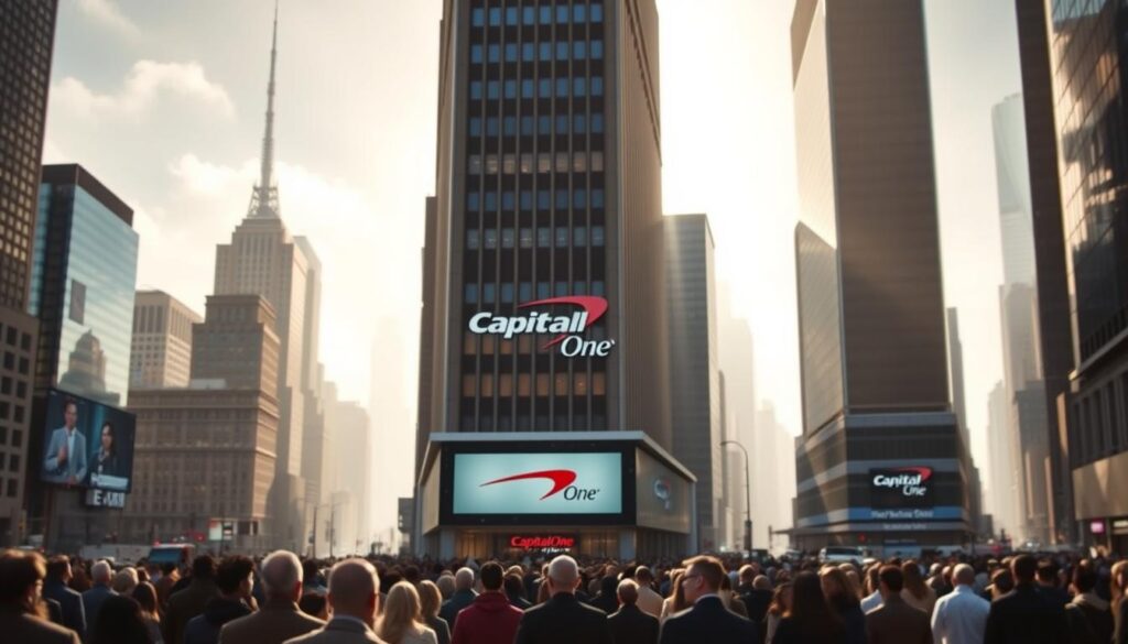 A sprawling cityscape, with towering skyscrapers and bustling streets, sets the stage for a pivotal financial event. In the foreground, a large, imposing building stands, its facade adorned with the bold Capital One logo. The lighting is a mix of warm, golden hues and cool, blue-tinged shadows, creating an air of seriousness and importance. In the middle ground, a crowd of people gathers outside the building, their expressions a mix of anticipation and uncertainty. The background is a hazy, out-of-focus blur, emphasizing the focal point of the scene. The overall atmosphere conveys a sense of significance, as if this moment holds the key to a major financial settlement with far-reaching implications.