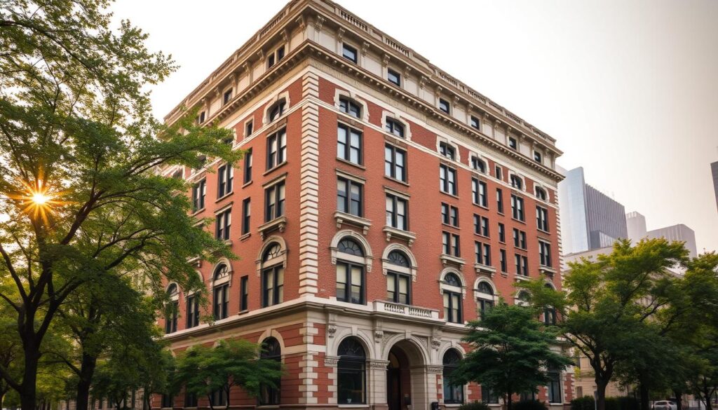 A stately, early 20th-century apartment building with a classic facade of brick and limestone. Ornate architectural details adorn the exterior, such as intricate cornices, arched windows, and an imposing entryway. The building stands tall against a hazy urban skyline, with a warm, golden glow from the setting sun illuminating the scene. Lush trees and greenery line the street, casting gentle shadows. The overall atmosphere conveys a sense of timeless elegance and historical charm, reflecting the legacy of the "Maxwell House" name.