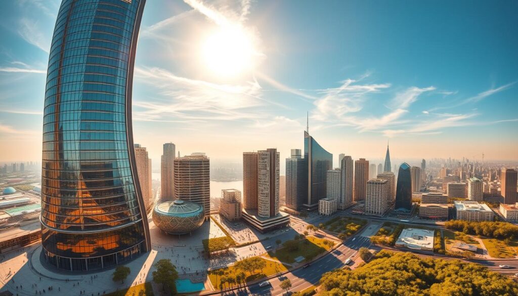 A sweeping panorama of a vibrant, modern cityscape bathed in warm, golden sunlight. In the foreground, a towering, curvaceous skyscraper with gleaming glass facades and intricate architectural details stands as the focal point, symbolizing the grand vision of "one big beautiful changes." The middle ground features a bustling urban landscape with pedestrians, cars, and lush greenery, all imbued with a sense of energy and progress. In the background, a hazy, blue sky with wispy clouds adds to the serene, yet dynamic atmosphere. The scene conveys a vision of a thriving, innovative city, where bold transformations are taking shape, reflecting the essence of the "One Big Beautiful Bill Act."