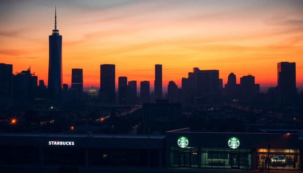 A vast cityscape at dusk, the silhouettes of tall skyscrapers and office buildings stretching towards a vibrant orange sky. In the foreground, a row of Starbucks stores line the streets, their familiar green and white signage illuminated by the warm glow of streetlights. The stores appear deserted, their doors and windows dark, hinting at the nationwide closures that have affected this once-ubiquitous coffee chain. The scene conveys a sense of melancholy and change, as the once-thriving Starbucks locations stand empty, a stark contrast to the bustling metropolis that surrounds them.