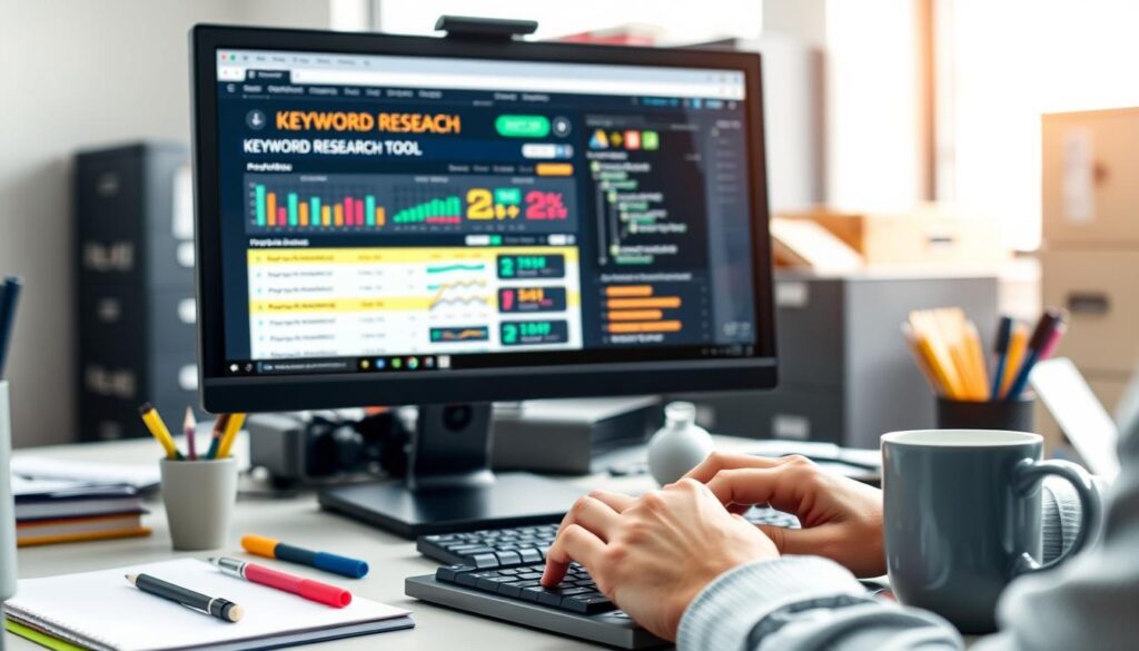 A well-lit, modern office setting with a desktop computer, a notebook, and various office supplies like pens and highlighters. The desktop screen shows a keyword research tool interface, with colorful graphs, charts, and keyword suggestions. In the foreground, a person's hands type on the keyboard, while the middle ground features a cup of coffee and a focused expression on the person's face. The background has blurred bookshelves and filing cabinets, conveying a professional, productive atmosphere for the keyword research process.