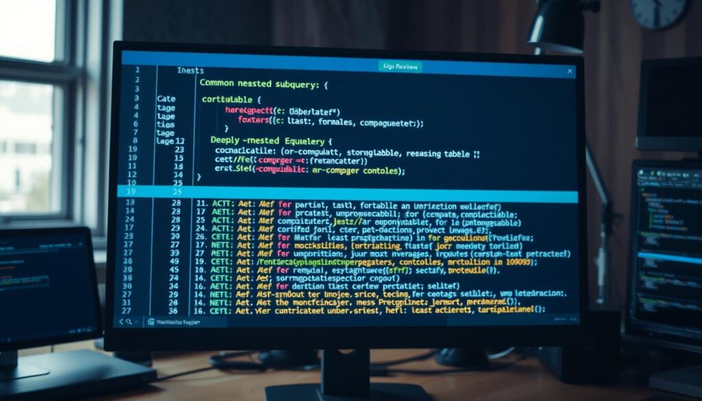 A well-lit software engineering studio, with an overhead view of a computer screen displaying a SQL query. In the foreground, a clear and concise Common Table Expression (CTE) unfolds, its structure and logic elegantly laid out. The middle ground features a comparison, showcasing a deeply nested subquery that appears cluttered and convoluted. The background subtly fades, drawing the viewer's focus to the clean and maintainable CTE solution. The entire scene conveys a sense of clarity, efficiency, and the benefits of using CTEs over complex subqueries in SQL optimization.