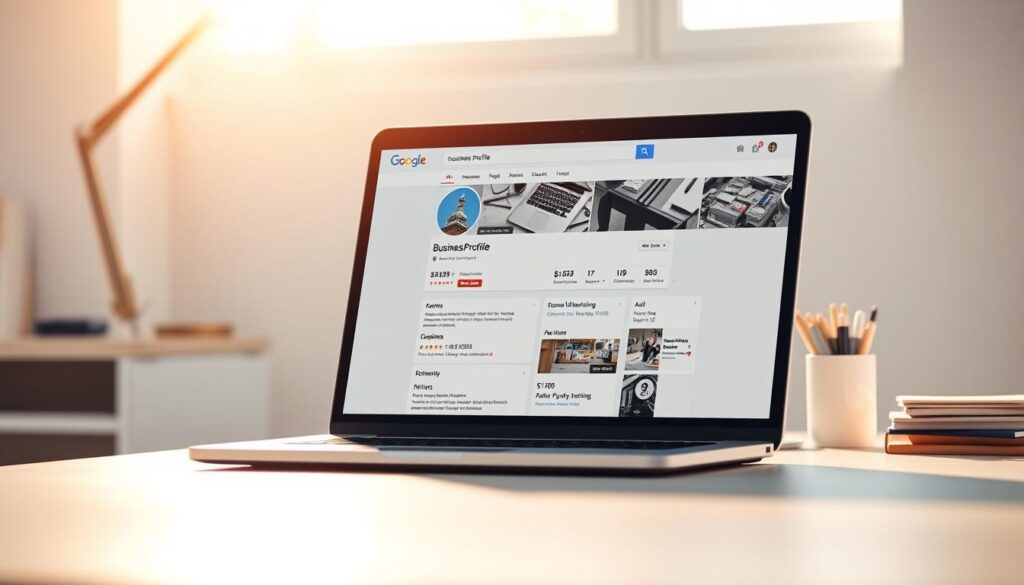 High-resolution, detailed render of a Google Business Profile page displayed on a laptop computer screen, with a clean and professional-looking user interface. The laptop is placed on a modern, minimalist desk with a minimalist lamp and some office supplies in the background. Warm, natural lighting illuminates the scene, creating a soft, inviting atmosphere. The display shows a well-organized Google Business Profile, highlighting features such as the business name, address, hours, reviews, and other relevant information. The overall composition emphasizes the importance of a well-optimized Google Business Profile for local search engine optimization.