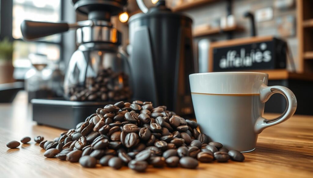 coffee prices, detailed still life, close-up of freshly roasted coffee beans, coffee grinder, cup of brewed coffee, coffee shop interior, warm lighting, wooden table, neutral tones, minimalist design, high quality, realistic rendering, photorealistic, 4K resolution, focal length 50mm, aperture f/2.8, depth of field, natural shadows, ambient occlusion